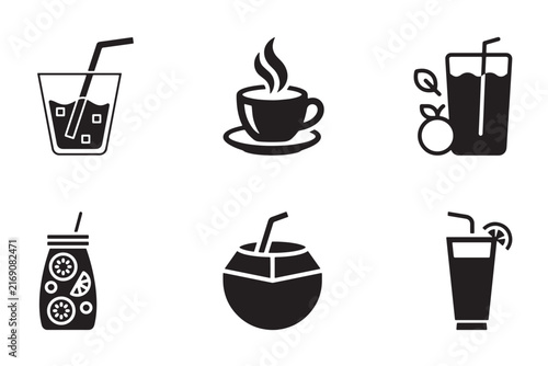 Black and white various beverages including a cold drink with ice and straw, a steaming hot coffee cup, detox water, coconut and juice. Vector illustration