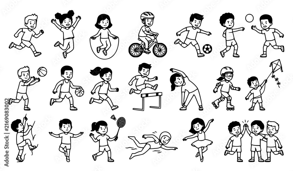 Obraz premium Active Kids Playing Sports and Outdoor Activities Black White Vector Set