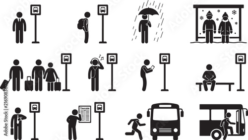 Set of stick figure icons showing people waiting for a bus at a stop in various situations