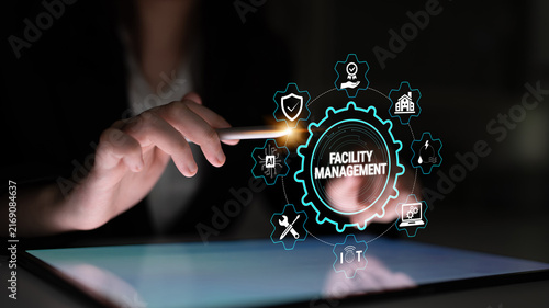 Konstfotografi Professional Facility Management Concept with Digital Interface Involving Iconography and Touch Interaction on Tablet Device in Modern Workspace Setting Fluxor