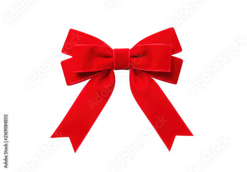 Red ribbon bow with tails, decorative element for gifts and celebrations, isolated on transparent background.