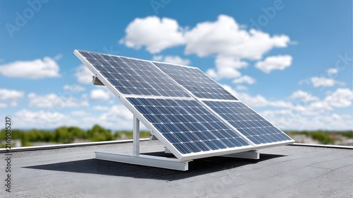 Naklejka Modern photovoltaic solar panel installed on a flat roof against a clear blue sky with white clouds photovoltaic module renewable energy green energy solar power roof installation electricity