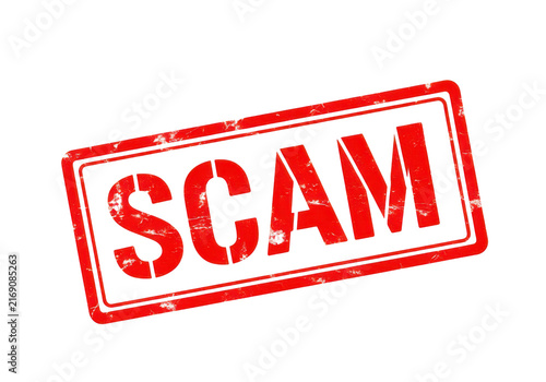 A distressed red stamp with the word SCAM in bold letters signifies fraudulent activity and financial deception for warning purposes.