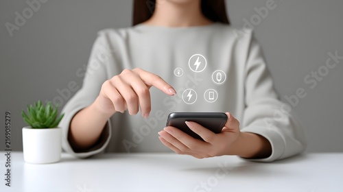 Woman sitting at a white table interacting with virtual icons above her smartphone touching screen mobile phone digital technology future technology augmented reality grey shirt smartphone