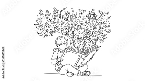 Child reading book imagining fantasy world, isolated on transparent background