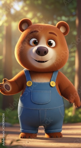 Cute Cartoon Bear in Blue Overalls Standing in Forest.