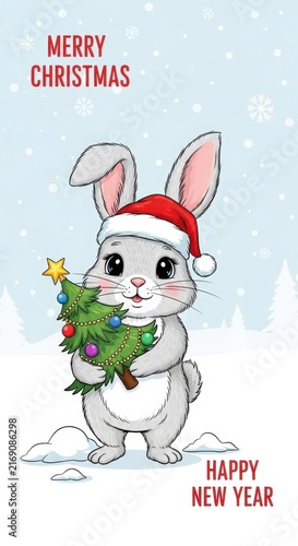 Cute Cartoon Bunny Holding Christmas Tree and Wearing Santa Hat.