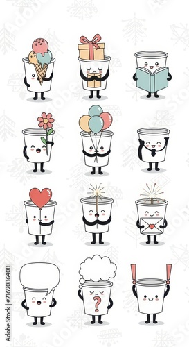 Cute Cartoon Coffee Cup Characters with Fun Expressions.