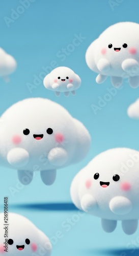 Cute Cartoon Cloud Characters Floating in Blue Sky.