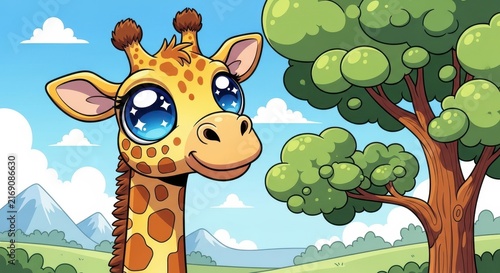 Cute Cartoon Giraffe with Big Blue Eyes in Nature Scene.