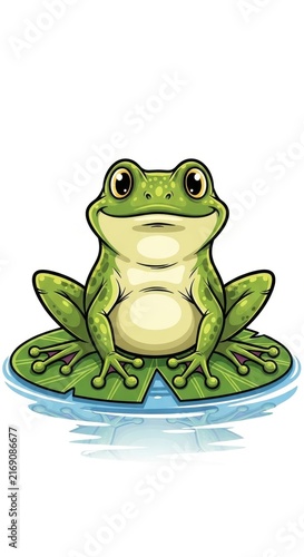 Cute cartoon green frog sitting on lily pad illustration.