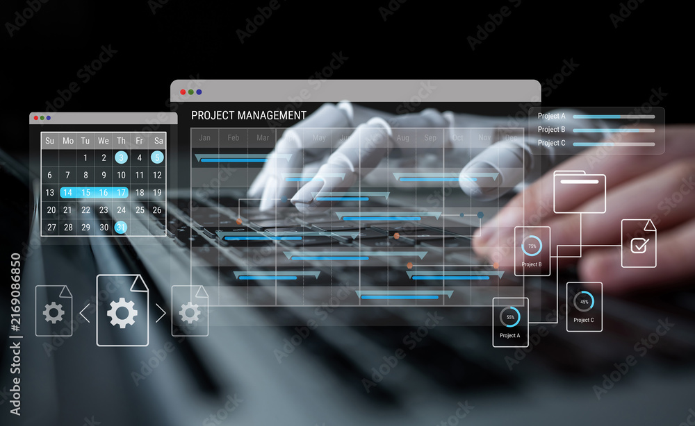 Naklejka premium AI assists in designing project management dashboards that automate scheduling, monitor workflow progress, and optimize productivity for better collaboration across teams. Parse