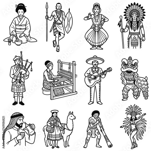 A diverse set of illustrations featuring traditional costumes and cultural diversity to represent global heritage and ethnic characters of world