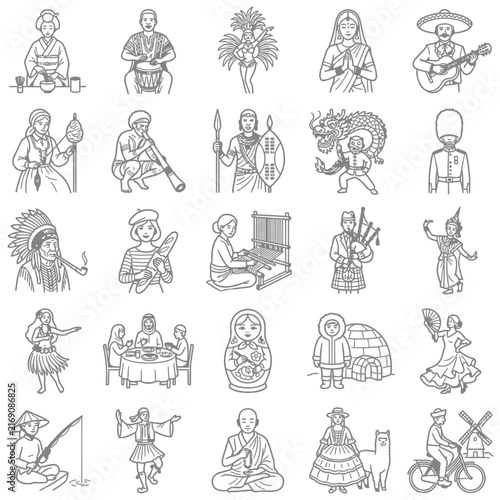 A set of traditional costumes and cultural diversity icons for world heritage projects featuring ethnic people in this line art icons collection.