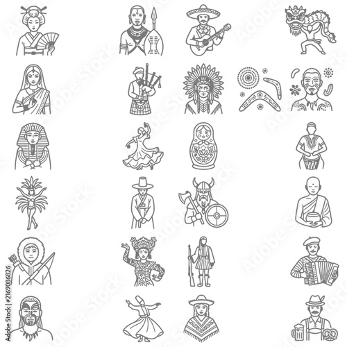 Extensive Collection of Cultural Diversity Icons Featuring Traditional Costumes of Global People for World Heritage and Ethnic Characters Illustration