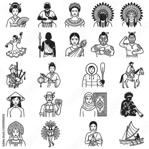 Diversity - Diverse collection of people in traditional costume representing ethnic culture and world people icons in folk dress line art style