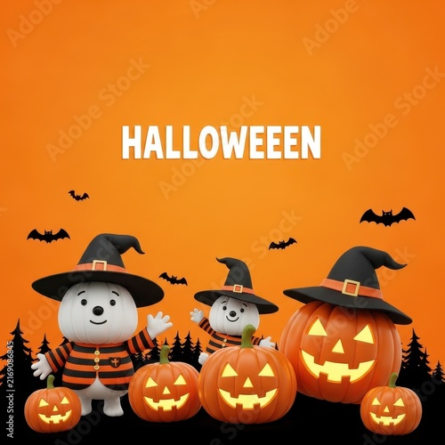 Cute Cartoon Polar Bears Celebrating Halloween with Pumpkins.