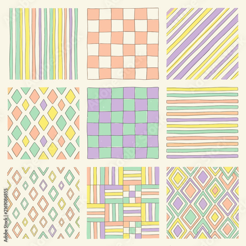 Collection of hand-drawn patterns in pastel colors featuring seamless swatches and geometric textures for an artistic textile collection design.