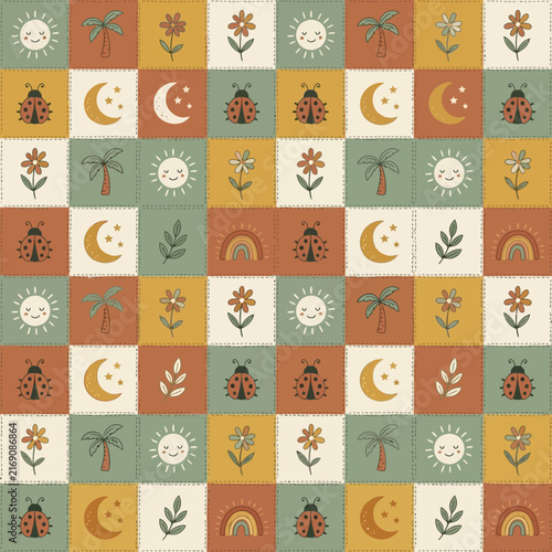 Seamless patchwork pattern with hand-drawn boho elements, celestial sun moon icons, vintage garden motifs, and folk art aesthetic illustrations.