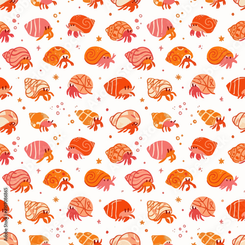 Cute hermit crab and sea shell seamless pattern featuring marine life in a nautical design for beach summer textiles.