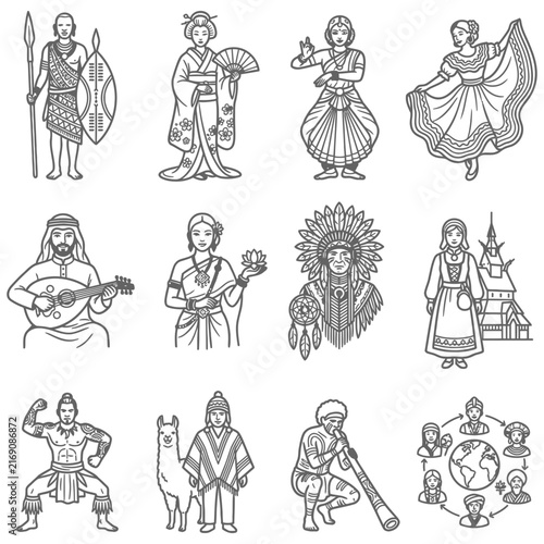 Line art featuring traditional costumes and global diversity highlighting ethnic heritage through various world cultures and cultural illustrations.
