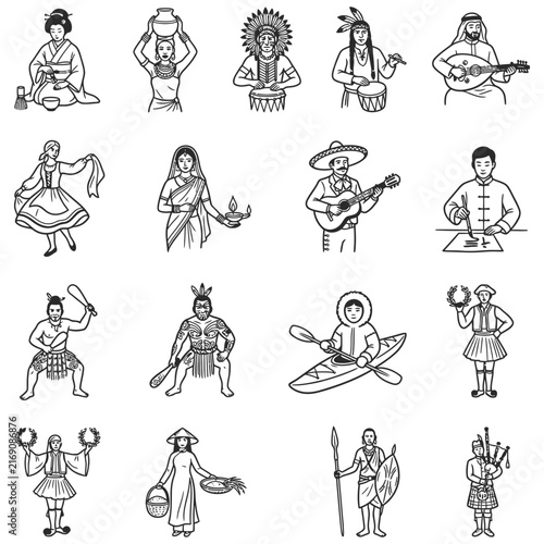 Large Collection of Multicultural Icons Featuring Traditional Costumes from World Cultures and Folk Traditions to Celebrate Global Diversity