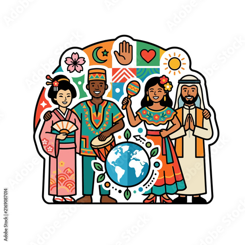 Multicultural people celebrating global diversity and unity for world peace with traditional symbols around the globe.
