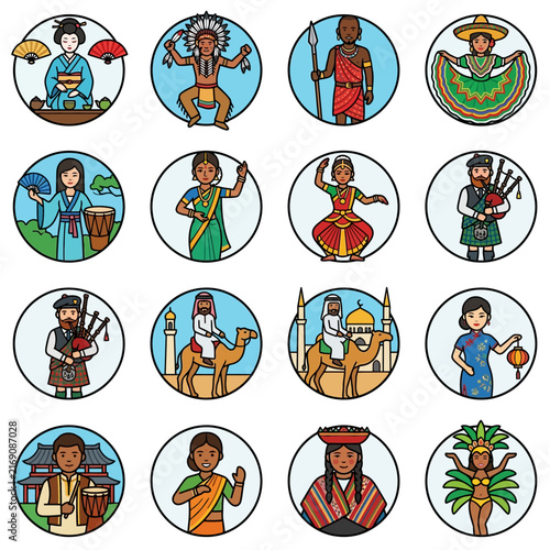 Diverse world culture collection featuring people in traditional clothing celebrating global heritage and human diversity in a colorful icon set