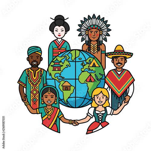 A celebration of diversity and global unity within our world culture featuring people holding hands around the planet for international peace.