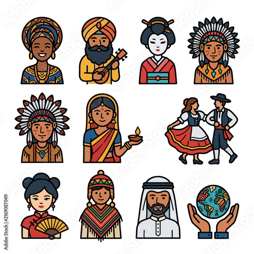 Diverse collection of global people in traditional clothing representing world culture and ethnic diversity across various nations and continents.
