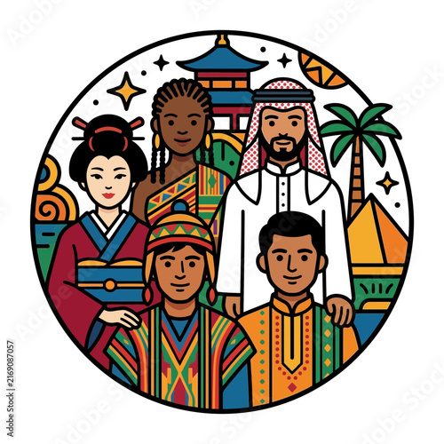 Global diversity and culture illustration featuring international unity through people in traditional clothing.