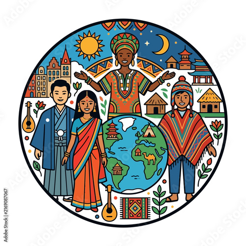 A vibrant global illustration celebrating human diversity and unity through diverse world culture and people around the planet.