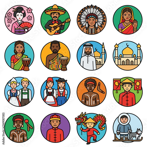 A comprehensive set of culture icons showcasing diversity and ethnicity in global people and their traditional heritage costumes.