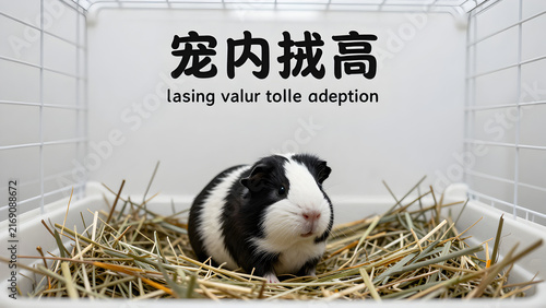 Black and white guinea pig in straw bedding with Chinese text overlay
