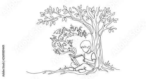 Boy Reading Book Under Tree, Fantasy Creatures Emerge From Pages, Imagination