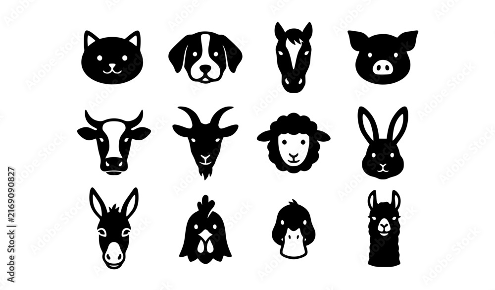 Naklejka premium Cute Domestic Animal Face Silhouette Icon Collection