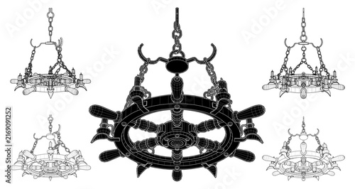 Pirate Ship's Helm Luster Chandelier Vector. Shape Of Ship's Wheel Helm Luster Illustration Isolated On White Background.