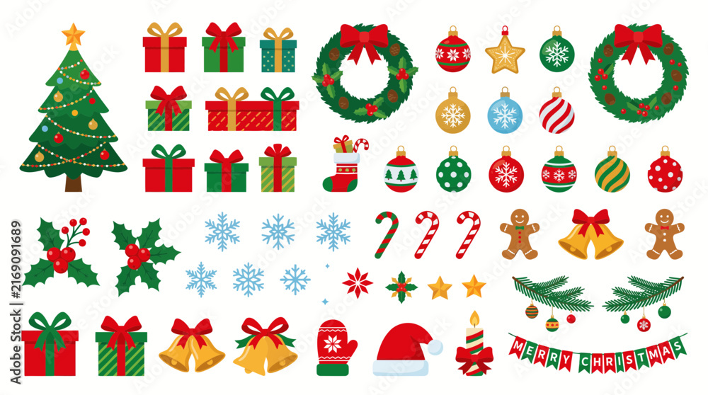 Fototapeta premium Set of colorful Christmas icons and design elements for holiday decoration.