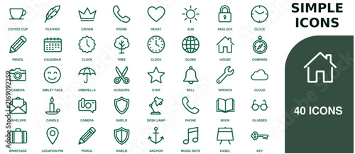 A grid of forty simple line featuring various common on a white background, sheet layout collection