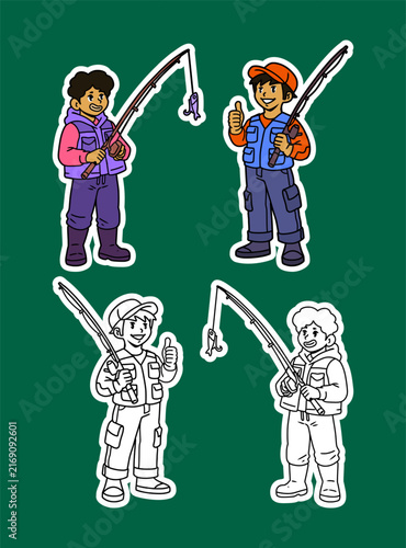Fishermen Color and Line Art Illustration Set
