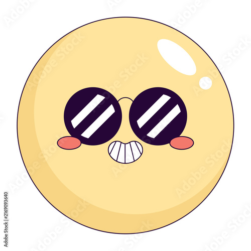 Cool cartoon yellow emoji wearing trendy sunglasses with smiling face
