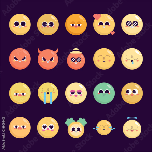 Cute cartoon emoji set with diverse emotions and expressions
