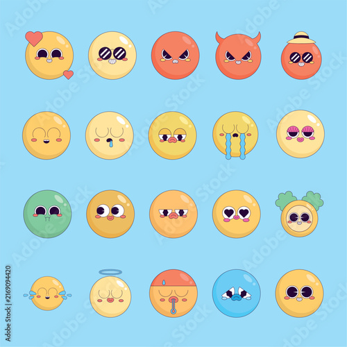 Cute cartoon emoji set with diverse emotions and expressions
