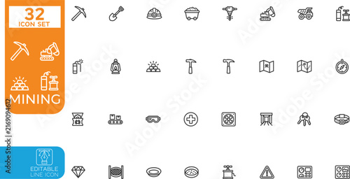 Editable line Vector illustration icon set. Containing minerals, gold, pickaxe, miner, excavator, diamond, coal wagon, gold panning, and more. Vector illustration. Editable on transparent background.