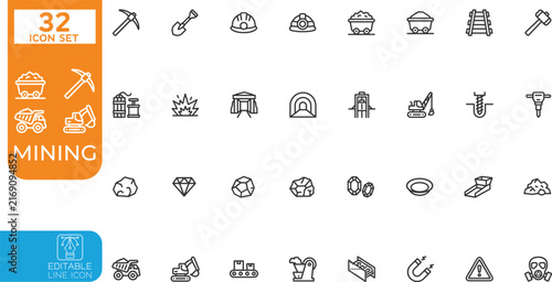Editable line Vector illustration icon set. Containing minerals, gold, pickaxe, miner, excavator, diamond, coal wagon, gold panning, and more. Vector illustration. Editable on transparent background.