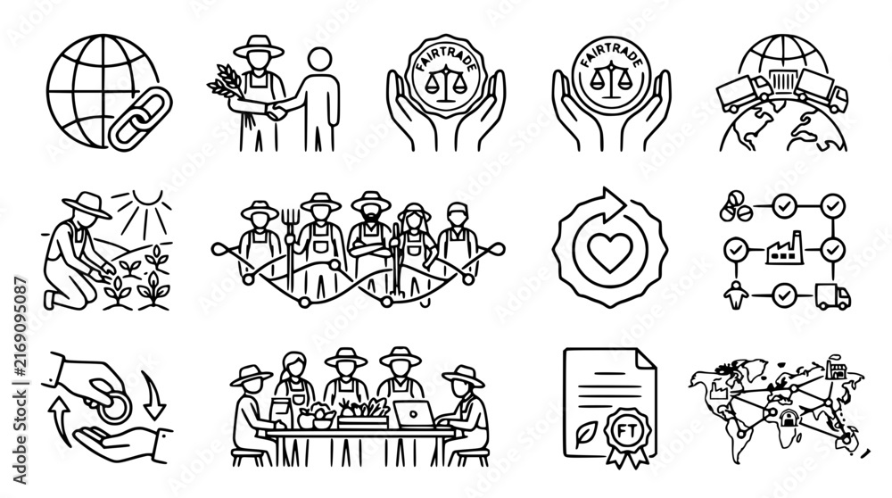 Fototapeta premium Fair Trade Icons: Agriculture, Global Commerce, Sustainability, Ethics, Cooperation