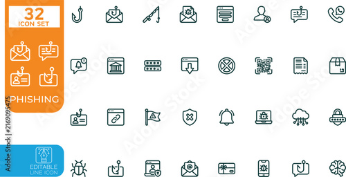 Editable line Vector illustration icon set. Contain icons related to phishing, scam, thief, cybercrime, password hacking, money theft, data leakage, and more. Editable stroke. Vector illustration on 