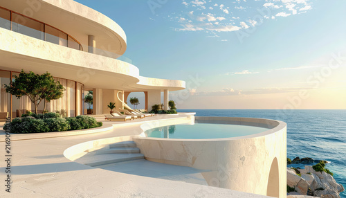 Luxurious modern villa with infinity pool overlooking the ocean at sunset