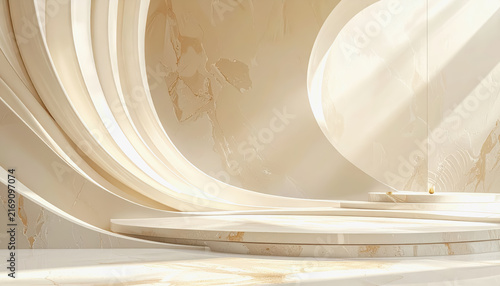 Elegant light beige stage with curved architectural elements and marble texture for product display