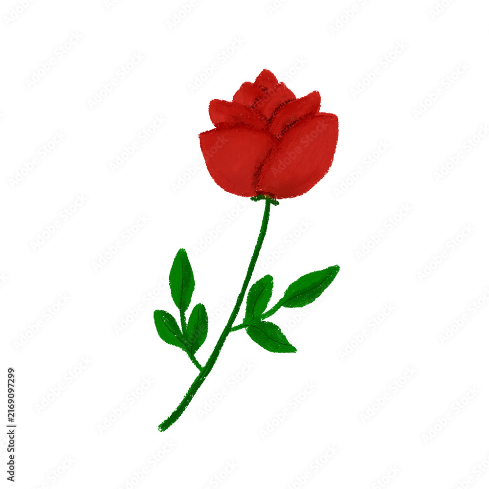 Obraz premium A beautiful digital oil painting or watercolor style illustration of a single red rose bloom with a green stem and textured leaves